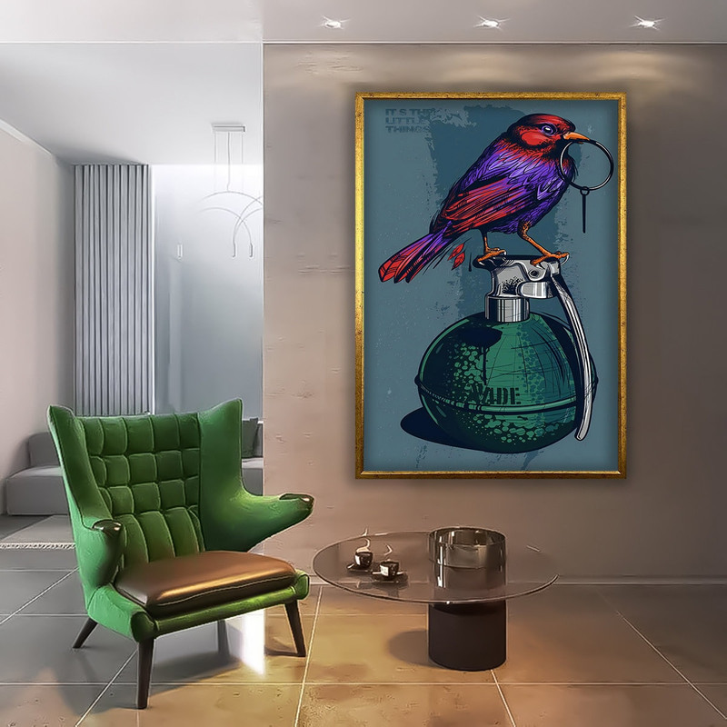 Grenade canvas, bird painting, surreal war painting, bird and bomb art, sparrow and bomb wall art.jpg