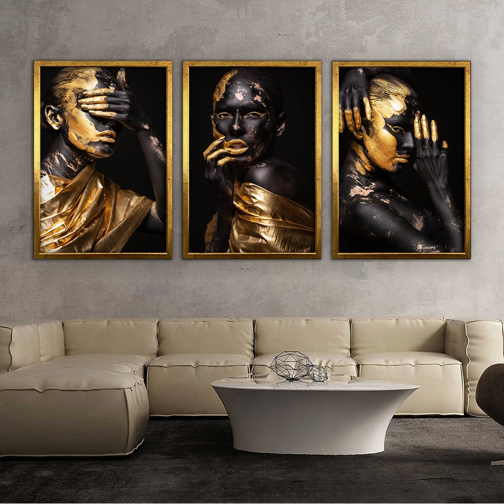 I didn't see, I didn't hear, I don't know african canvas, 3 piece black woman canvas print, ethnic girls wall decor 1.jpg