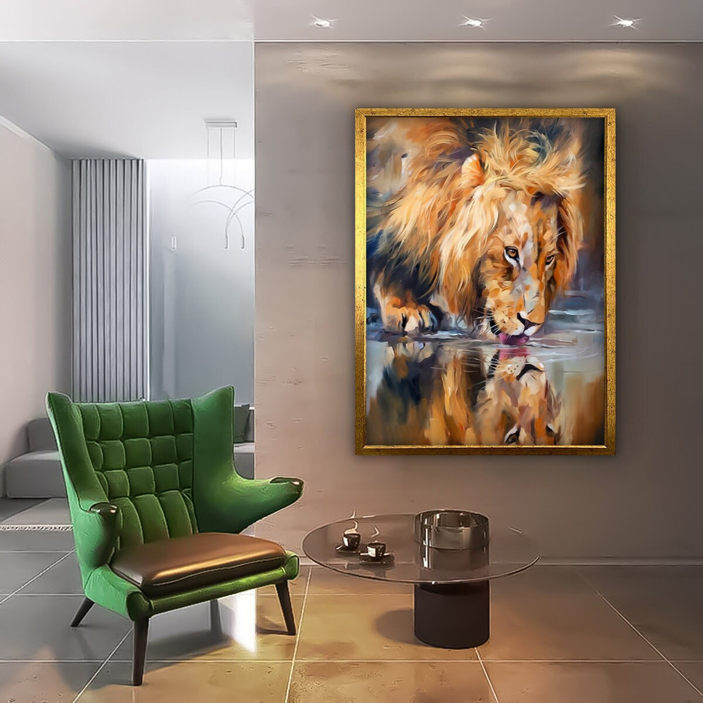 Lion drinking water canvas, lion painting, lion reflection in water canvas painting, colorful lion portrait art, framed lion painting.jpg