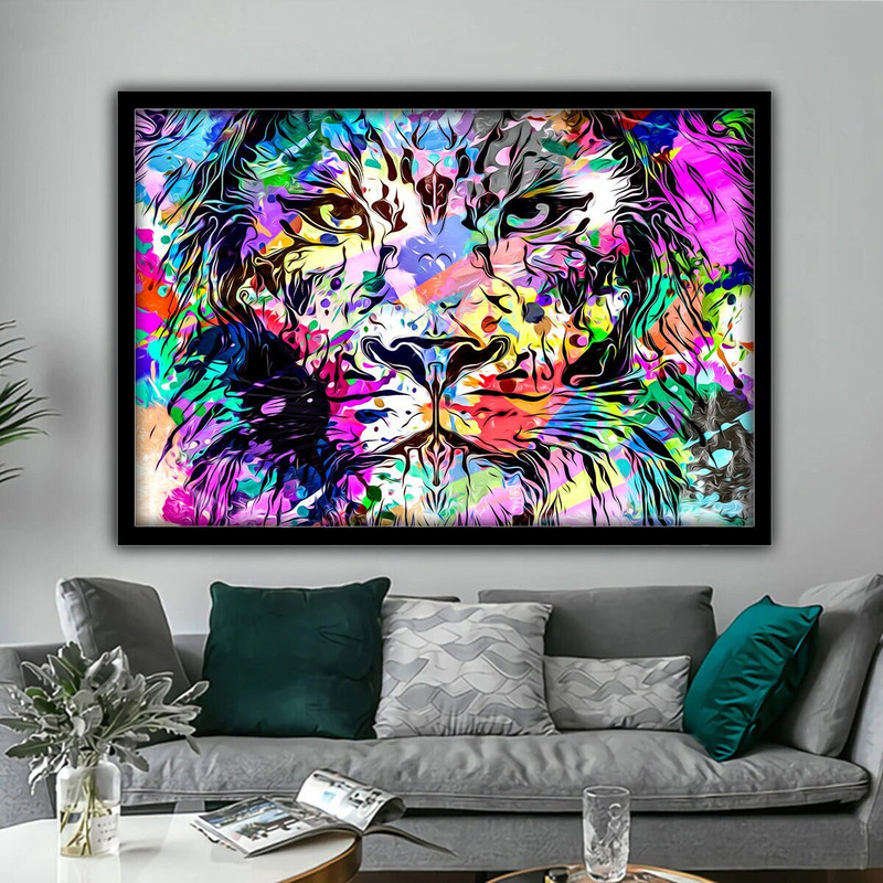 Lion Portrait Canvas Wall Art, Lion on colorful Wall Hangings, colorful Canvas Wall Print, Male Lion Room Decor.jpg