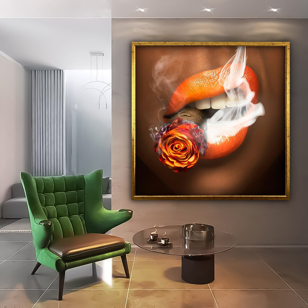 Lip canvas, smoker lip painting, sexy lips canvas print, cigarette with rose wall art, lip canvas painting, lip poster.jpg