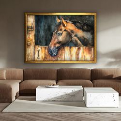 lonely horse canvas painting, horse head canvas print, golden horse home decor, framed horse painting.jpg