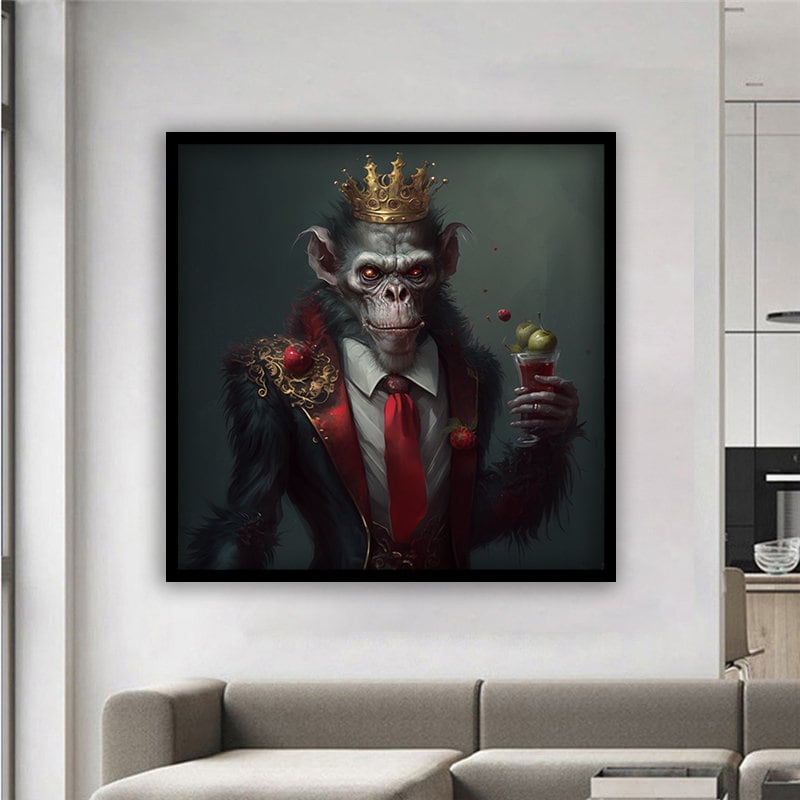 Monkey drinking wine painting, ready to hang product, office decor, canvas wall art.jpg