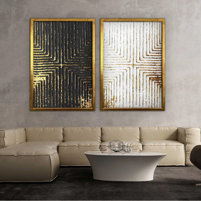 Gold and whıte abstract canvas, framed canvas painting, 2-piece abstract set, gold abstract canvas print.jpg