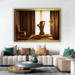 naked girl in bed painting, erotic bedroom decor, sexy female art, nude woman painting, backside nude girl canvas print.