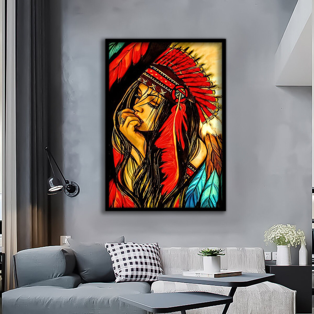 Native American Canvas, American Woman Artwork, Girl Art, Colorful Artwork, Abstract Girl Art Canvas, Indian Girl Wall Art.jpg