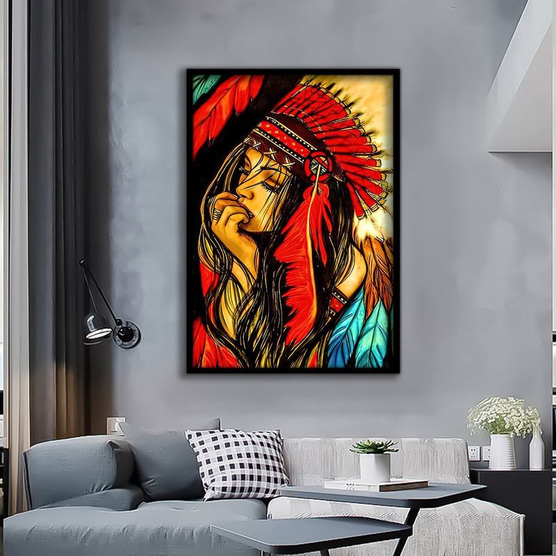 Native American Canvas, American Woman Artwork, Girl Art, Colorful Artwork, Abstract Girl Art Canvas, Indian Girl Wall Art.jpg
