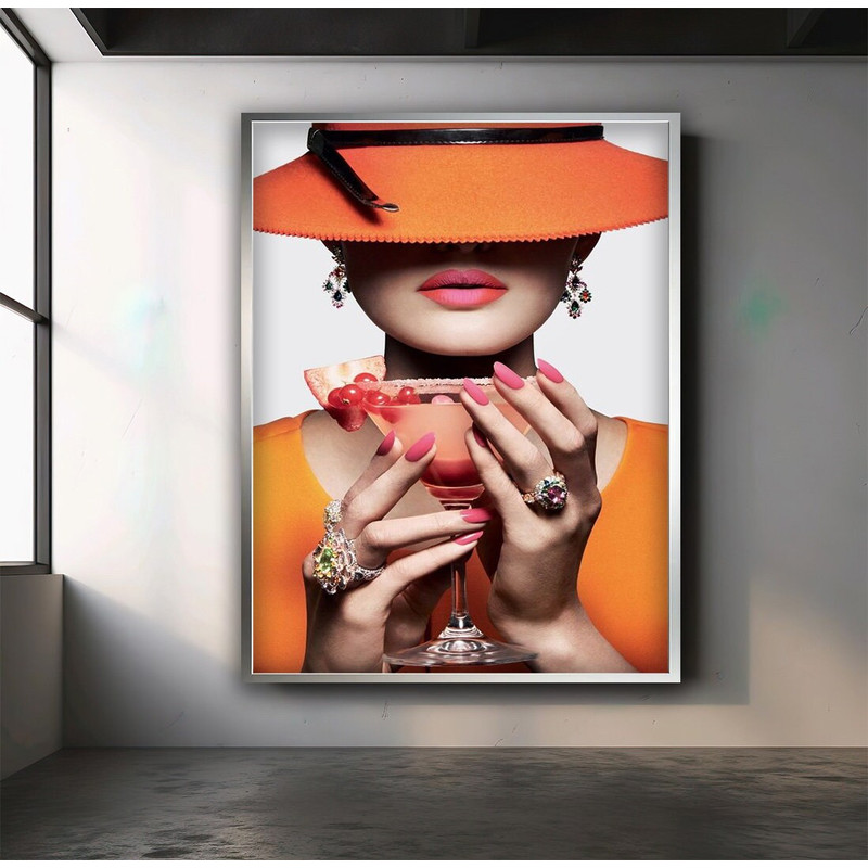 Orange hat woman canvas, orange hat woman, orange dress woman poster.jpg