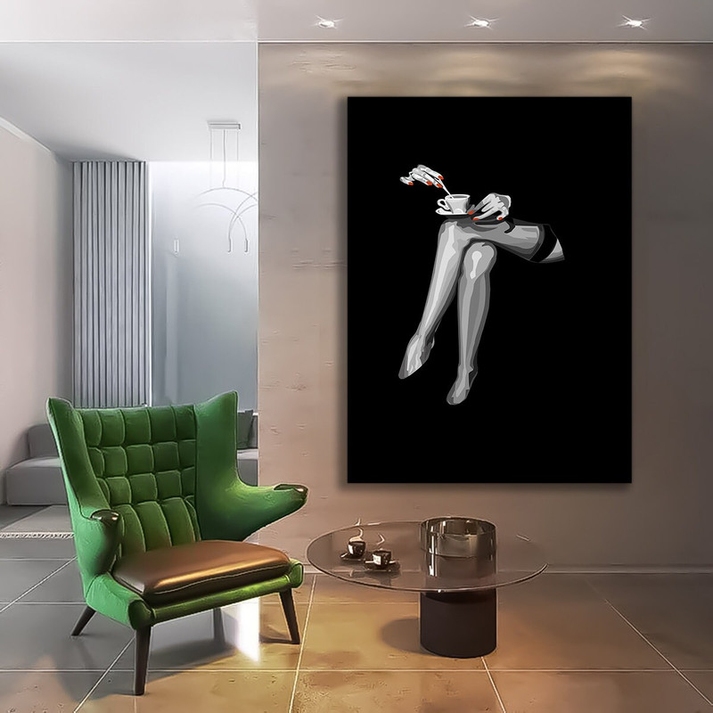 Painting of woman drinking coffee on her sexy legs, black and white leg painting, bedroom decor, bare leg print, erotic leg silhouette art.jpg
