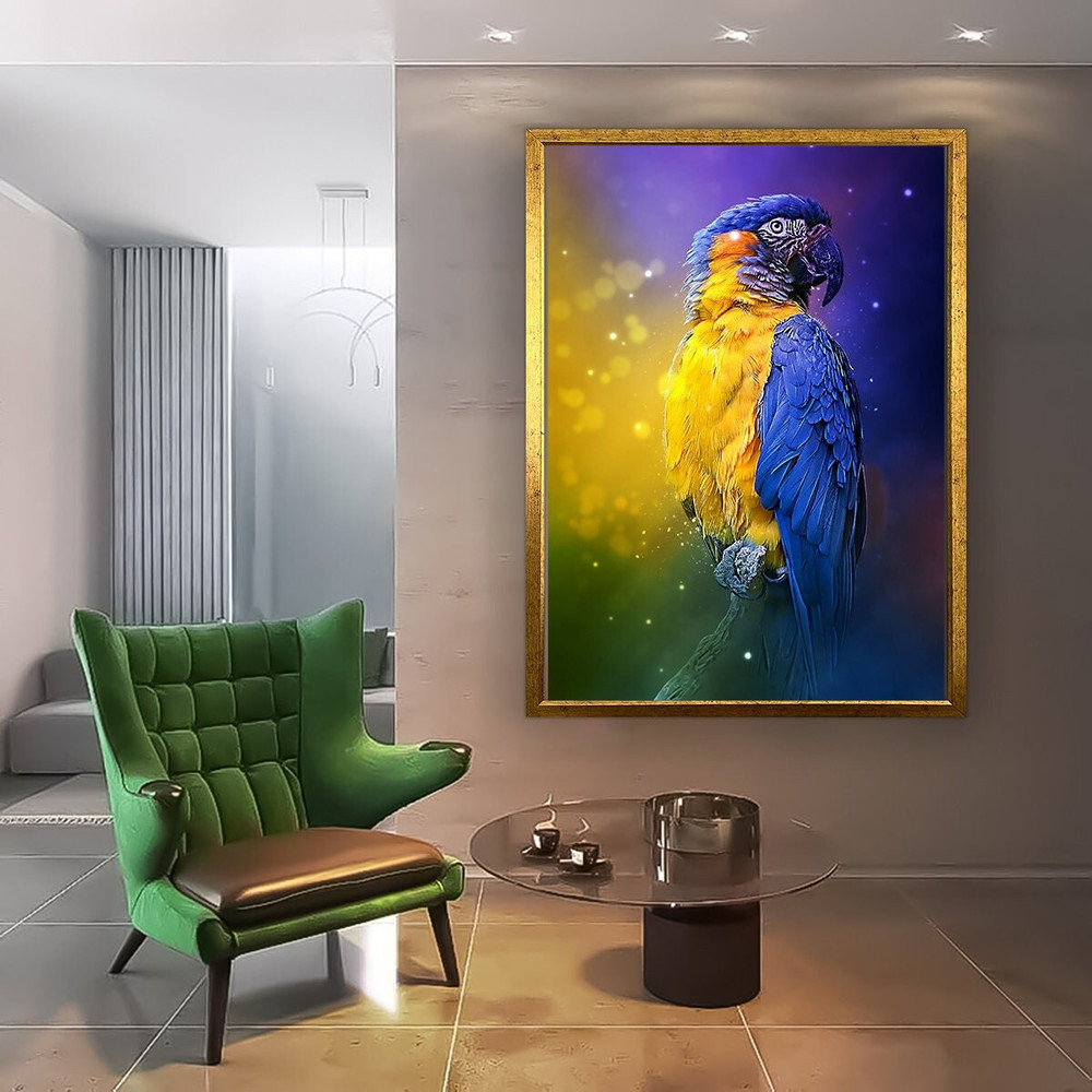 Parrot canvas, colorful parrot painting, blue and yellow color bird wall art, parrot poster, parrot canvas print, colorful parrot art.jpg