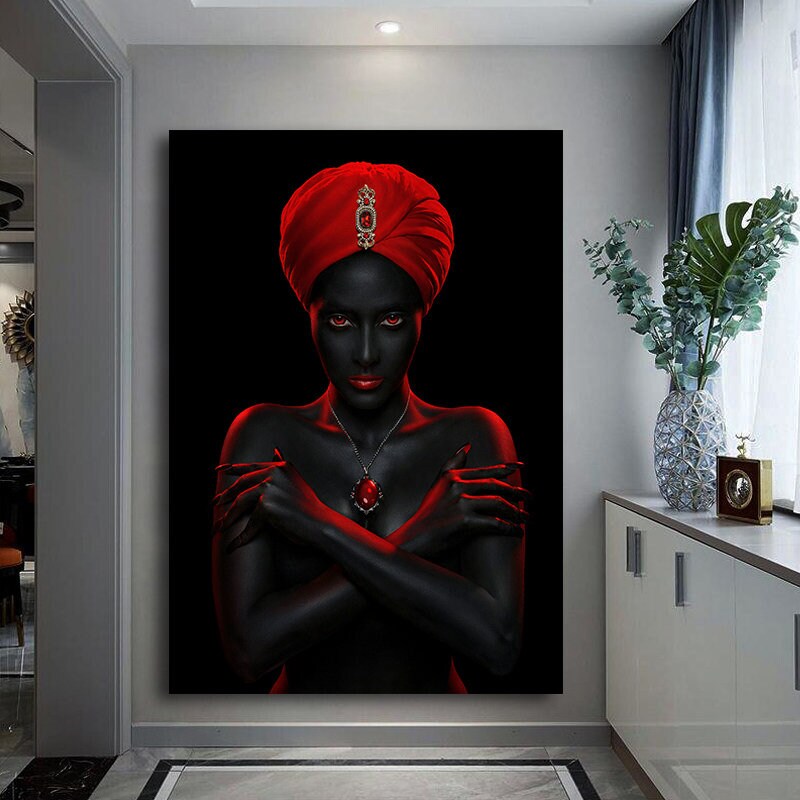 Red african woman canvas, ethnic black woman painting, black woman art.jpg