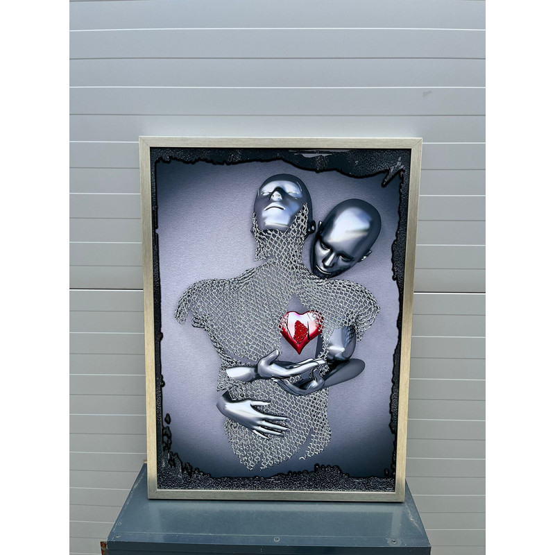 Red heart canvas, bedroom home decor, gray love couples art, 3 d effect canvas print, kissing bedroom decor, silver glitter textured canvas.jpg