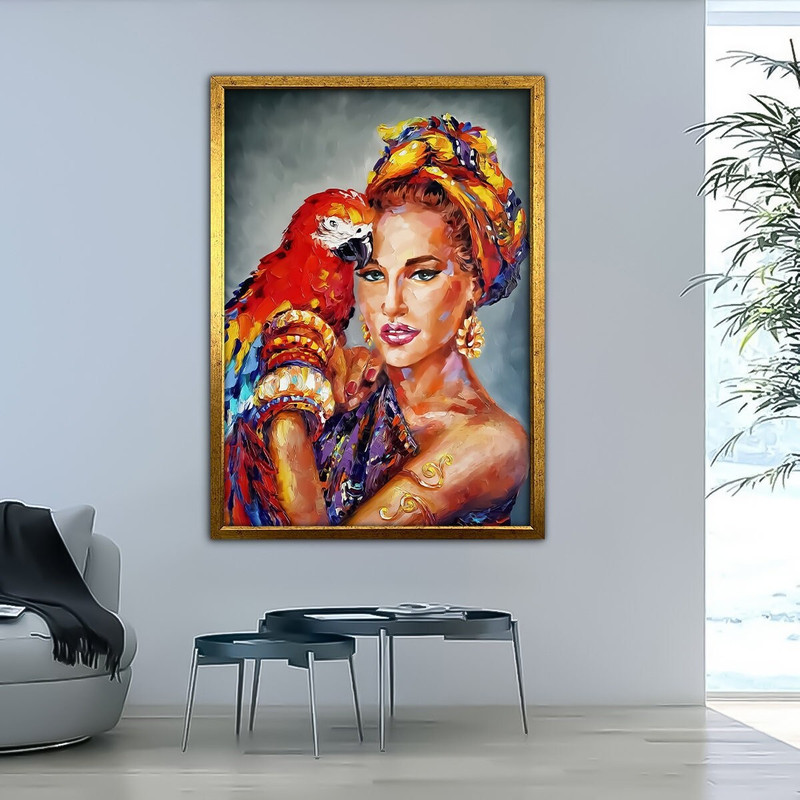 Red parrot and woman canvas, woman painting, women's home decor, oil painting parrot and woman decor.jpg