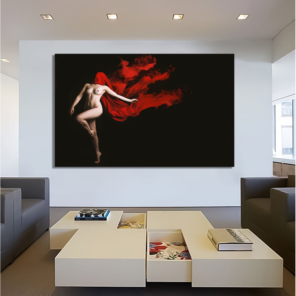 Red sexy woman painting, erotic woman with bare breasts canvas, nude woman decor, bedroom wall art, breast canvas print.jpg