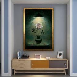 roses in vase canvas, roses under lamp painting, vintage rose vase painting, floral home decor, roses in vase art 1.jpg