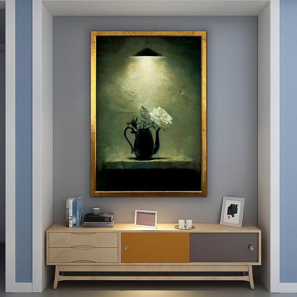 Roses in vase canvas, roses under lamp painting, vintage rose vase painting, floral home decor, roses in vase art 2.jpg