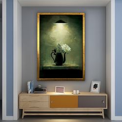 roses in vase canvas, roses under lamp painting, vintage rose vase painting, floral home decor, roses in vase art 2.jpg