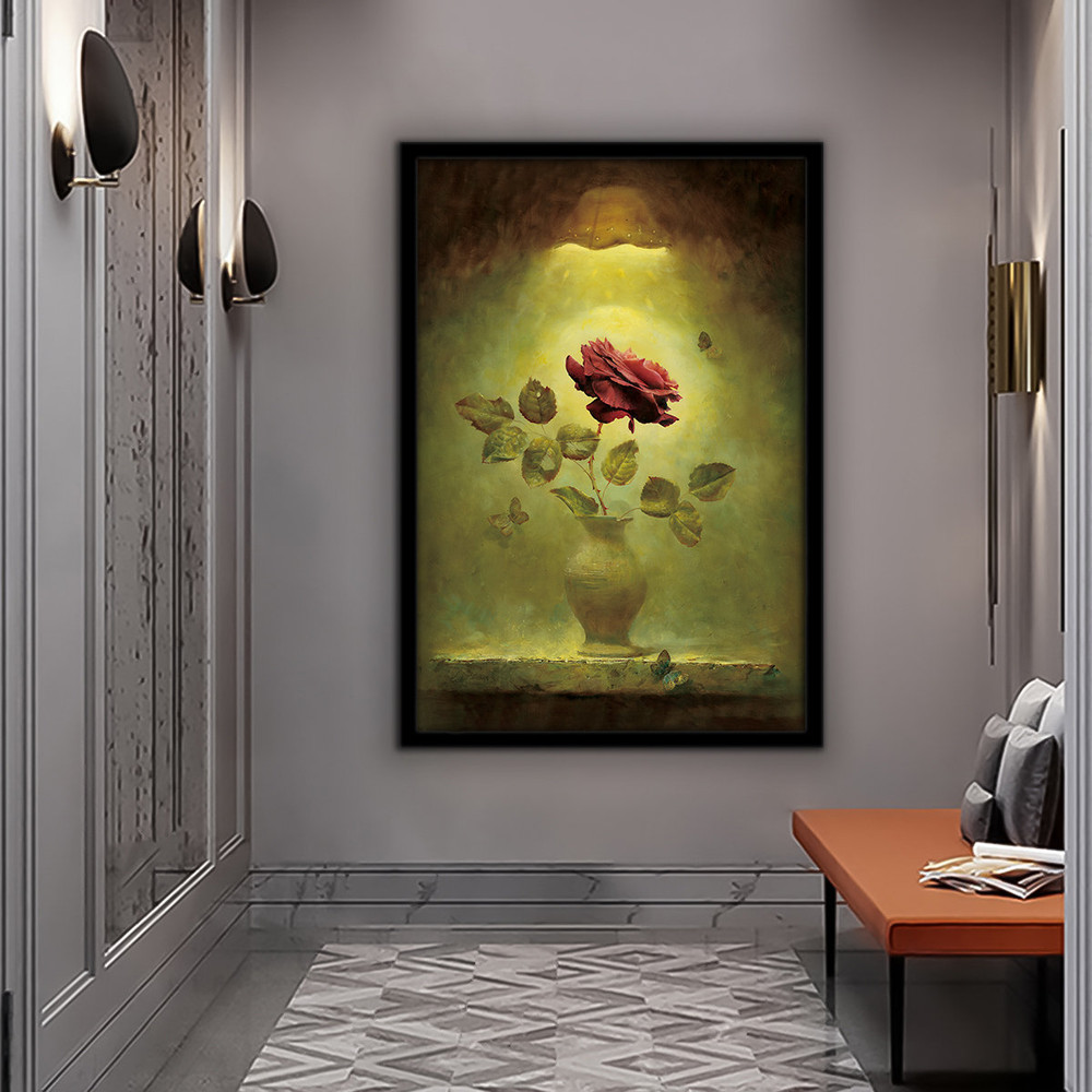 Roses in vase canvas, roses under lamp painting, vintage rose vase painting, floral home decor, roses in vase art.jpg