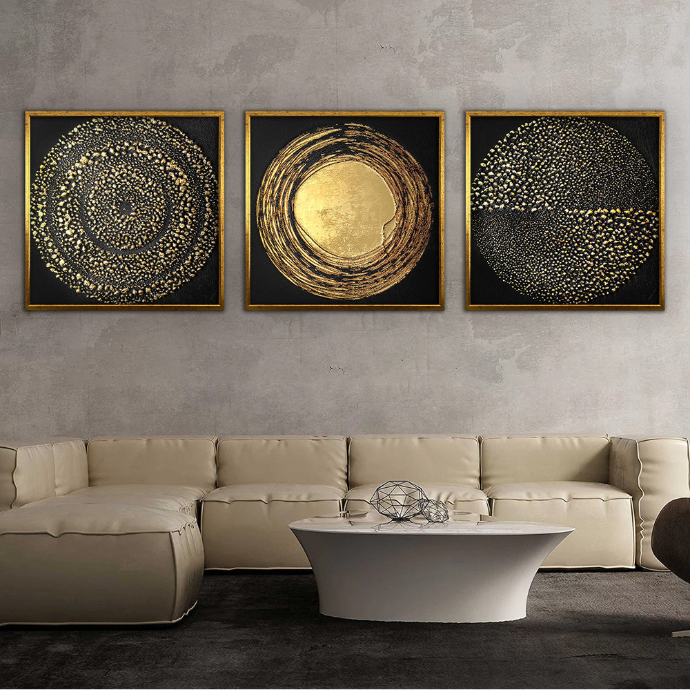 rotating rings abstract canvas painting,3 piece square painting set, golden rings abstract canvas print, modern abstract home art.jpg