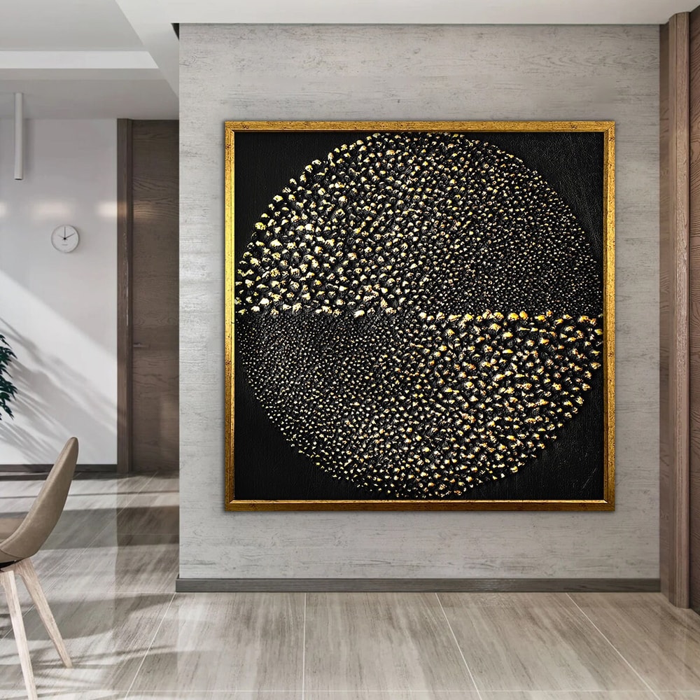 Round circles abstract canvas, gold abstract canvas print, framed gold painting, round circles canvas print, modern abstract home decor.jpg