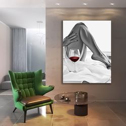 sexy female leg canvas, woman and wine painting, female leg silhouette canvas print, bedroom decor, bedroom canvas, nude