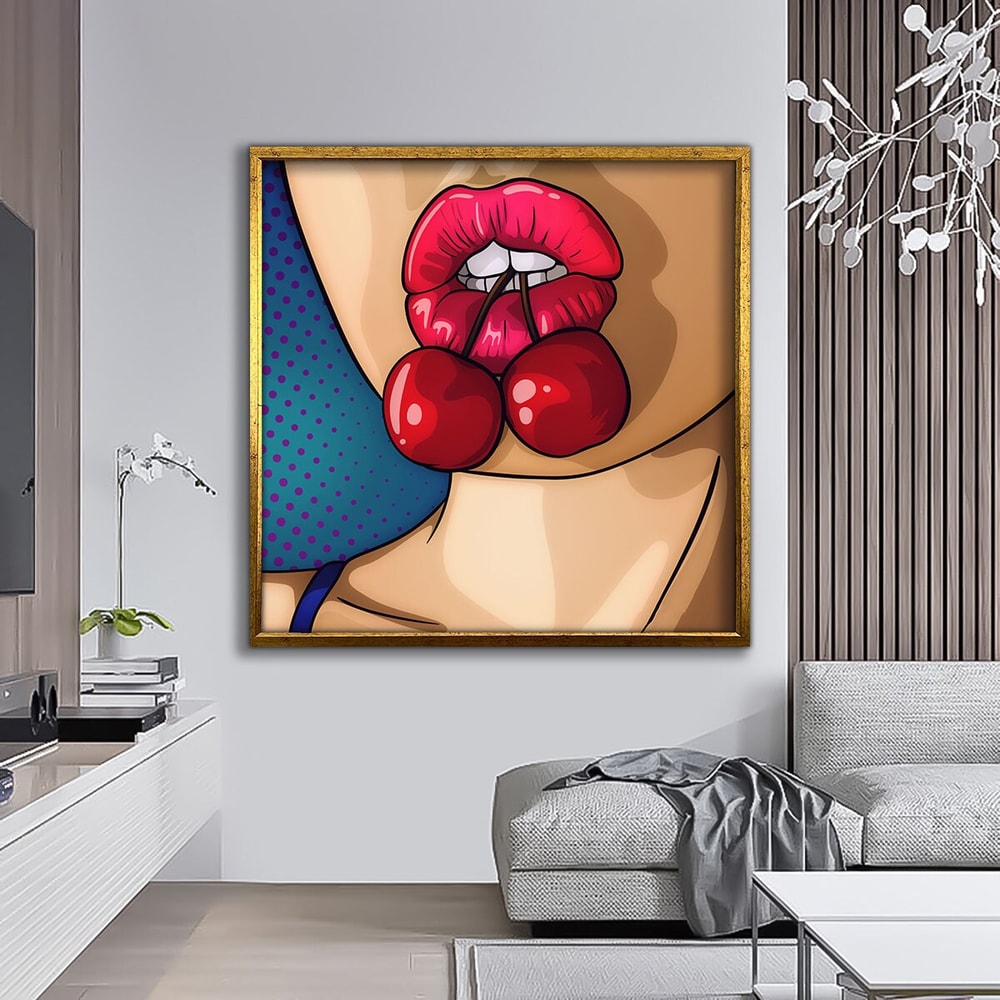 Sexy woman in cherry mouth painting, lips wall art, funny pop art poster, bedroom canvas art, sexy lips canvas print, pop art girl canvas.jpg