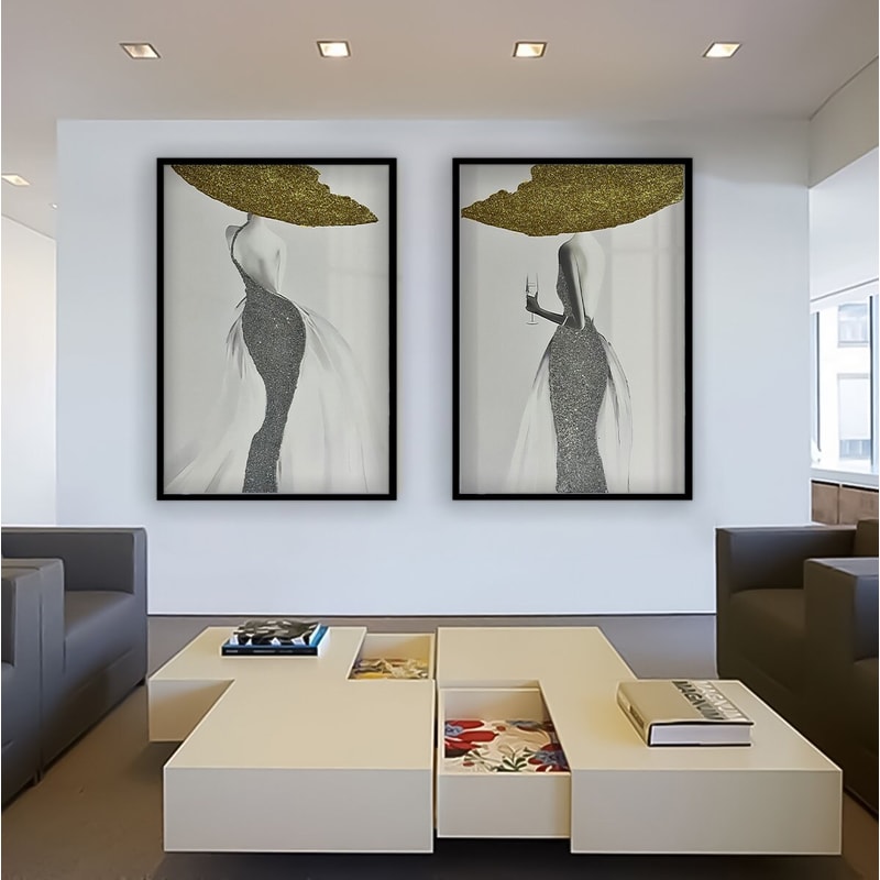 Silhouette of woman with golden hat, woman painting, gold and silver glitter textured painting, woman home decor, woman poster, woman art.jpg