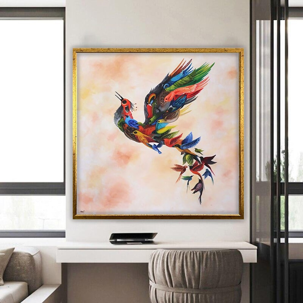 Simurg bird canvas, phoenix bird painting, colorful birds canvas print, mother bird wall art, bird art 1.jpg