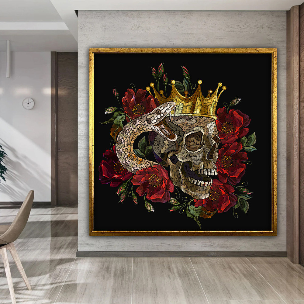Skull canvas, snake and skull painting, king crown skull print, skeleton wall art, skull home decor.jpg