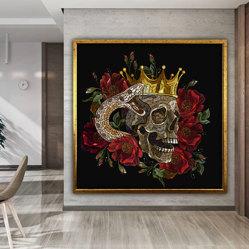 Skull canvas, snake and skull painting, king crown skull print, skeleton wall art, skull home decor.jpg