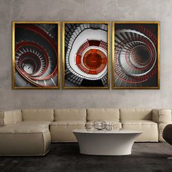 spiral staircases abstract canvas, 3 panel abstract canvas painting set, red stairs abstract art, abstract canvas painti