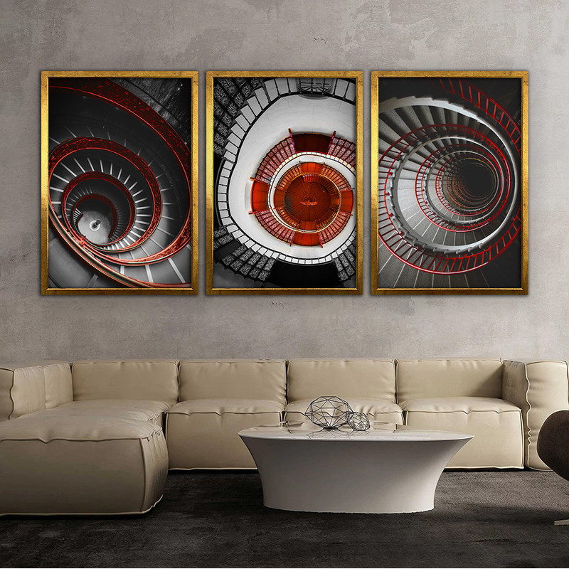 spiral staircases abstract canvas, 3 panel abstract canvas painting set, red stairs abstract art, abstract canvas painting.jpg