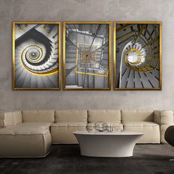 spiral staircases abstract canvas, 3 panel abstract canvas painting set, yellow stairs abstract art, abstract canvas pai