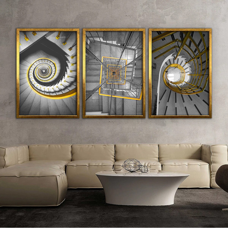 spiral staircases abstract canvas, 3 panel abstract canvas painting set, yellow stairs abstract art, abstract canvas painting.jpg
