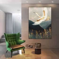 stork canvas painting in gold leaf, flying stork with foil texture, floral wall art, stork canvas print, gold detailed s
