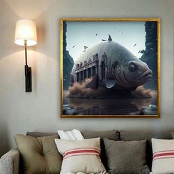 surreal fish painting, fish library canvas, carp fish poster, fish art with frame, koi fish art, abstract fish wall art.