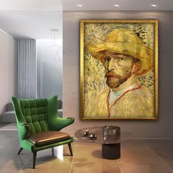 van gogh canvas wall art ,self portrait with gray straw hat, exhibition painting, van gogh poster, van gogh print, paint