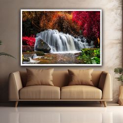 waterfall landscape canvas, waterfall wall art, landscape wall decor, forest flowing waterfall art