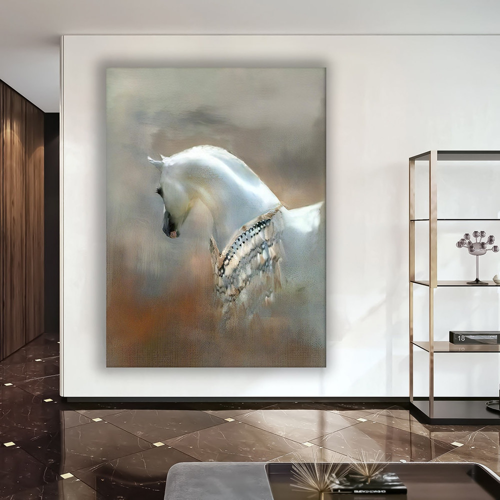 White horse canvas painting, horse head canvas print, golden horse home decor, framed horse painting, horse wall art.jpg