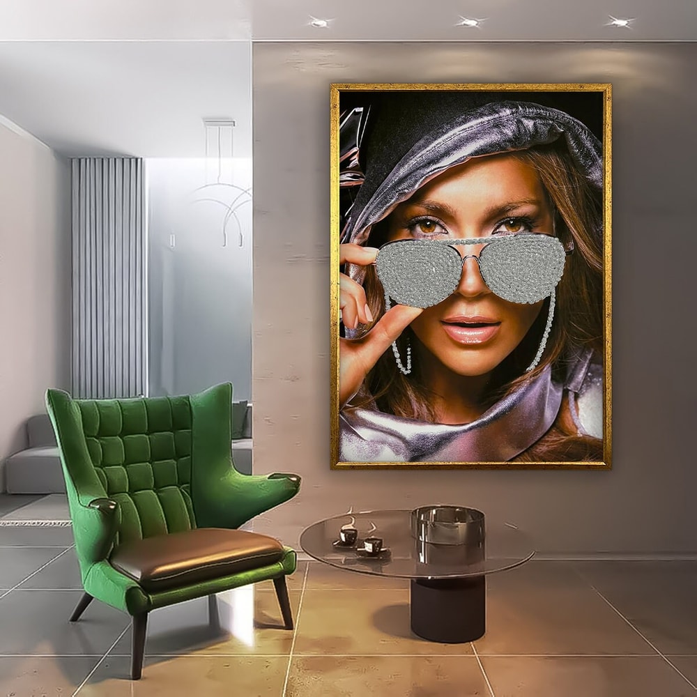 Woman canvas painting, glitter embroidered glasses female art, famous woman glitter textured print, real glitter woman painting.jpg