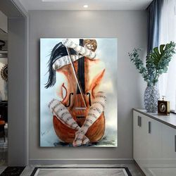 woman hugging violin canvas, violin surreal art, surreal wall art, musical instrument print, surreal love couples wall a