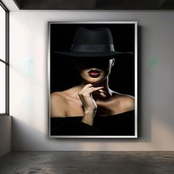 Woman in black hat canvas, woman in black hat poster, woman in black hat wall art, woman wall decor