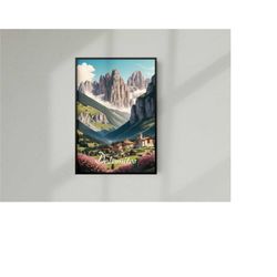dolomite mountains italy travel print, dolomites travel poster,