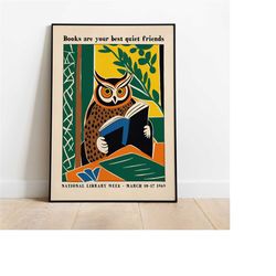 retro reading poster - owl giclee linocut art