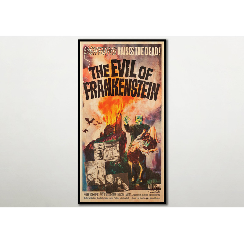 The Evil of Frankenstein Extra large WOOD PRINT Poster, Wall art of Frankenstein series movie posters on WOOD for Peter Cushing movie lover..jpg