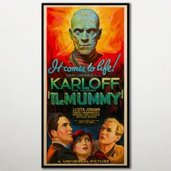 the mummy wood print poster, fanart cinema movie posters on wood for the boris karloff movie lover, extra large wall art