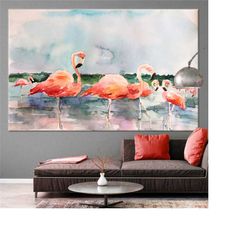 flamingo canvas, pink animal art, oil canvas art,