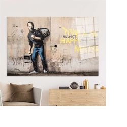 wall decor, banksy glass, migrant steve jobs, glass