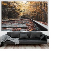 railroad tracks, train tracks canvas, autumn wall art,