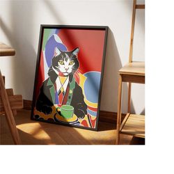 cat drinking coffee poster - colorful minimalist giclee